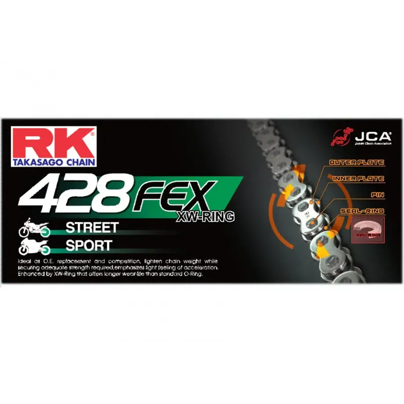 Dernier Modèle Chaine RK 428FEX-T XW'Ring Super Renforcée Pas de 428 – Couleur Acier