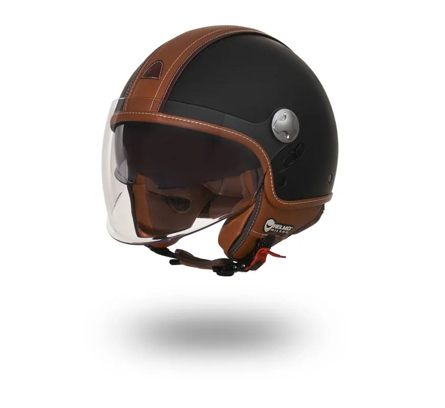 Helmo Milano Demi Jet PelleDura Premium noir mat avec brun éco-cuir XS Commander Maintenant