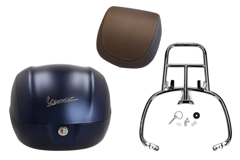 Acheter En Ligne Kit top case 32L bleu foncé mat opaque (288/A), coussin dorsal marron pour Vespa Primavera