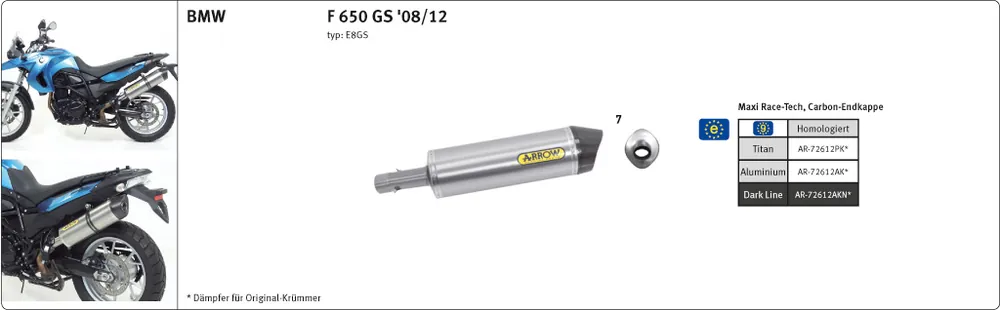 ARROW Auspuff RACE TECH für BMW F650GS / F800GS / Adventure 2008- aus Aluminium, schwarz Commander Maintenant